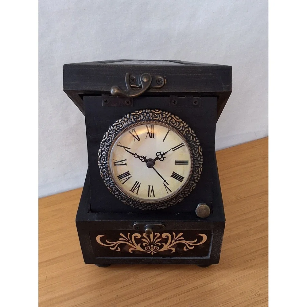 Vintage Home Interiors Wooden Trinket Stash Box With Clock WORKS!